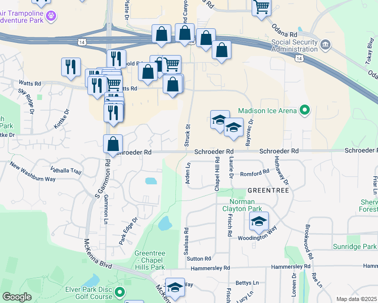 map of restaurants, bars, coffee shops, grocery stores, and more near 6713 Schroeder Road in Madison