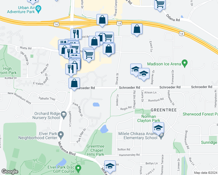 map of restaurants, bars, coffee shops, grocery stores, and more near 6761 Schroeder Road in Madison