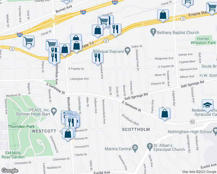 map of restaurants, bars, coffee shops, grocery stores, and more near 432 Ellis Street in Syracuse