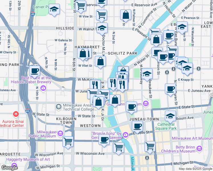map of restaurants, bars, coffee shops, grocery stores, and more near N Riverwalk Way in Milwaukee