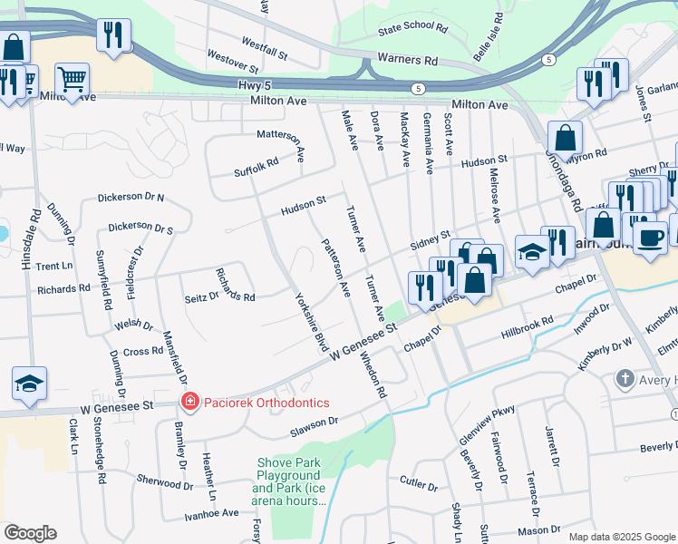 map of restaurants, bars, coffee shops, grocery stores, and more near 206 Patterson Avenue in Syracuse