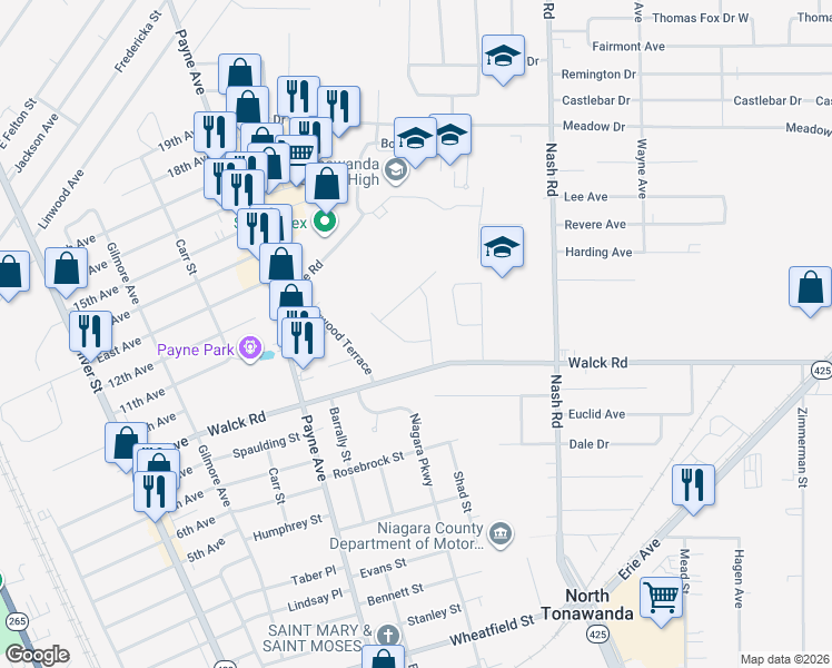 map of restaurants, bars, coffee shops, grocery stores, and more near 21 Jesella Drive North in North Tonawanda