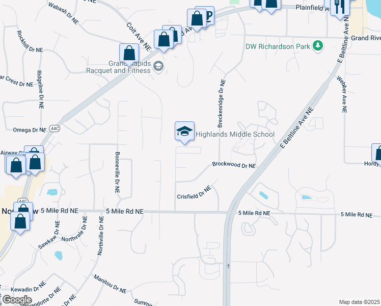 map of restaurants, bars, coffee shops, grocery stores, and more near 4645 Chandy Drive Northeast in Grand Rapids
