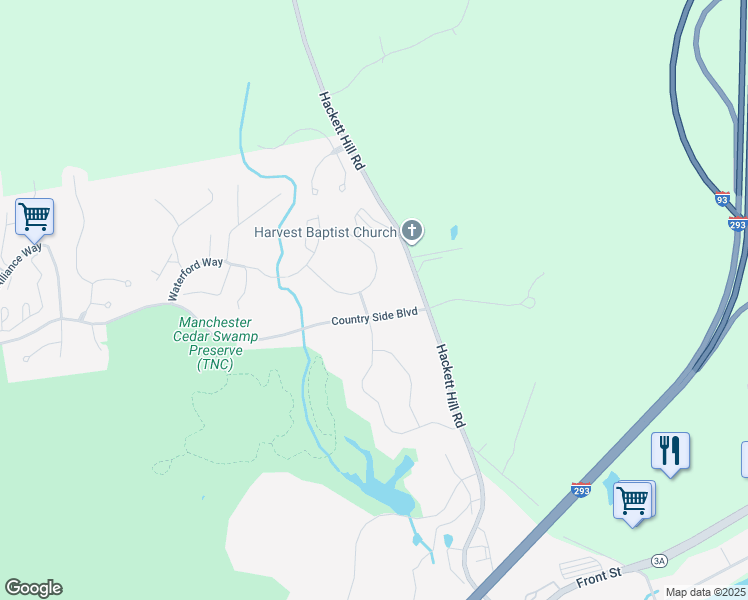 map of restaurants, bars, coffee shops, grocery stores, and more near 131 Village Circle Way in Manchester