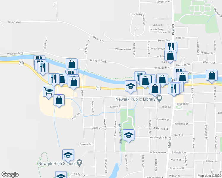 map of restaurants, bars, coffee shops, grocery stores, and more near West Union Street & Nicholoy Avenue in Newark