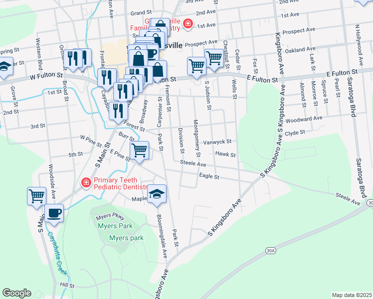 map of restaurants, bars, coffee shops, grocery stores, and more near 61 Division Street in Gloversville