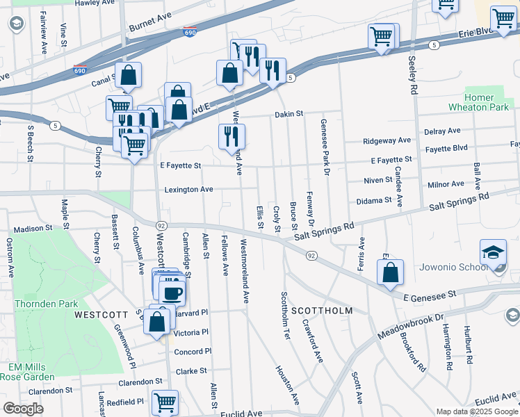 map of restaurants, bars, coffee shops, grocery stores, and more near 230 Croly Street in Syracuse