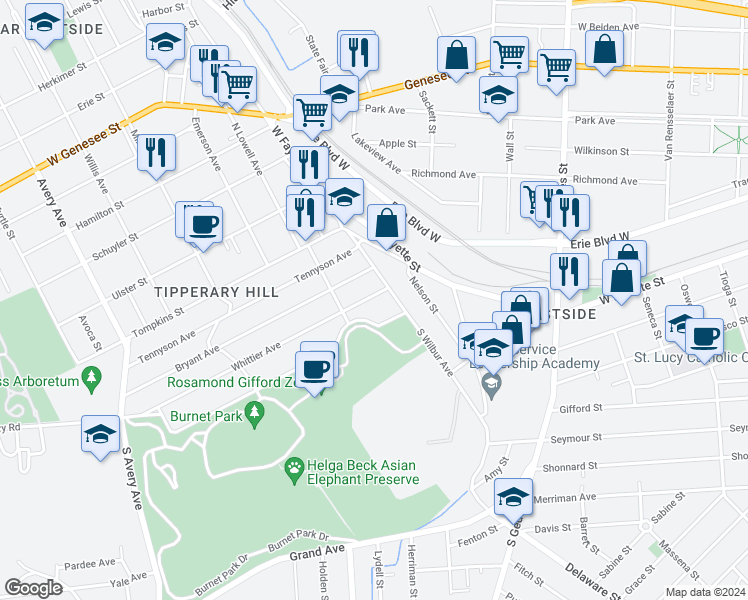 map of restaurants, bars, coffee shops, grocery stores, and more near 300 South Wilbur Avenue in Syracuse