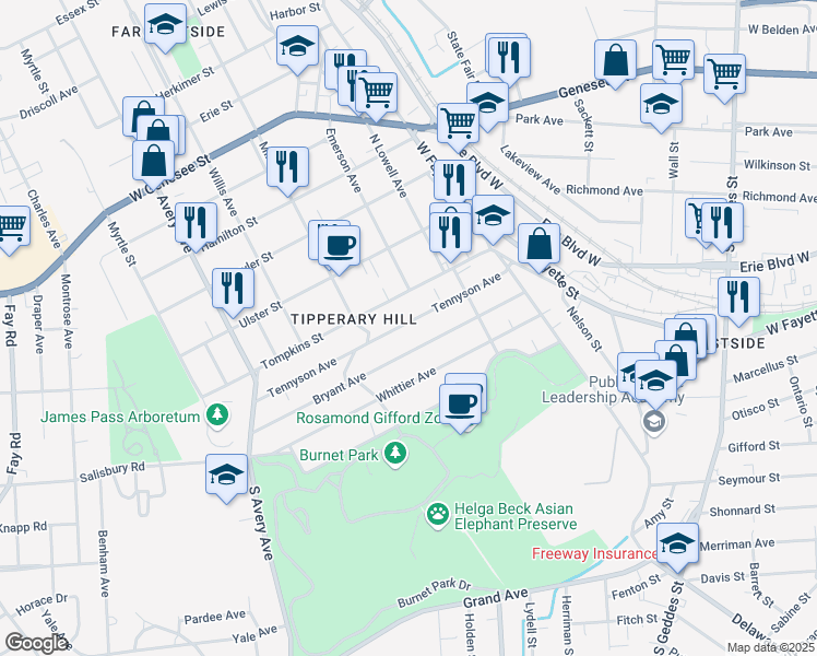 map of restaurants, bars, coffee shops, grocery stores, and more near 405 Tompkins Street in Syracuse