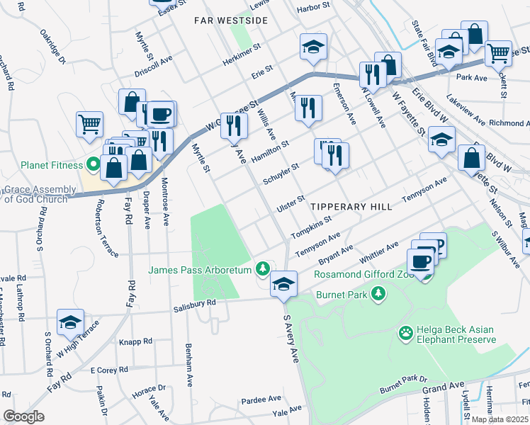 map of restaurants, bars, coffee shops, grocery stores, and more near 219 Avery Avenue in Syracuse