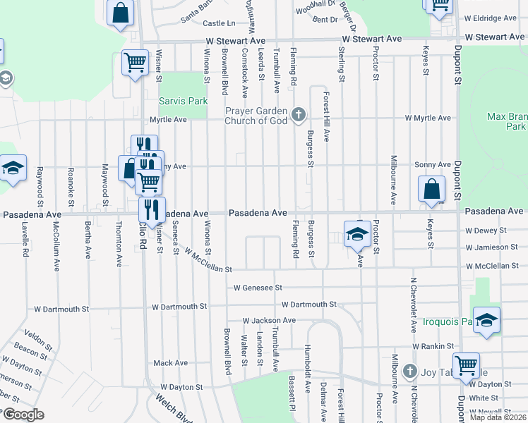 map of restaurants, bars, coffee shops, grocery stores, and more near 3423 Leerda Street in Flint