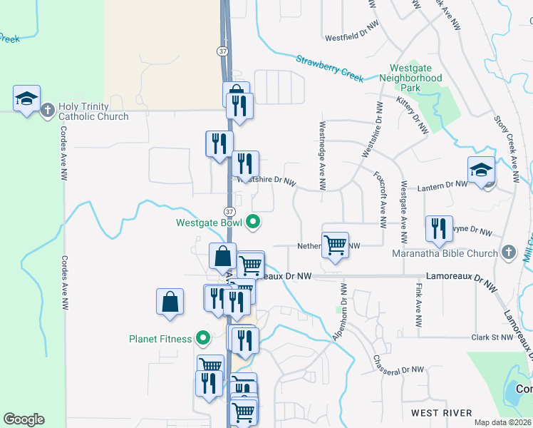 map of restaurants, bars, coffee shops, grocery stores, and more near 4611 Tabor Road Northwest in Comstock Park