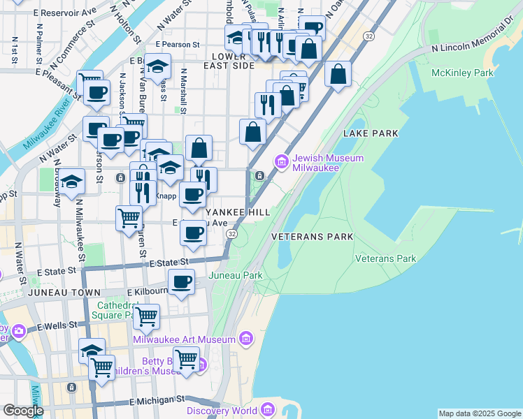 map of restaurants, bars, coffee shops, grocery stores, and more near 1300 North Prospect Avenue in Milwaukee