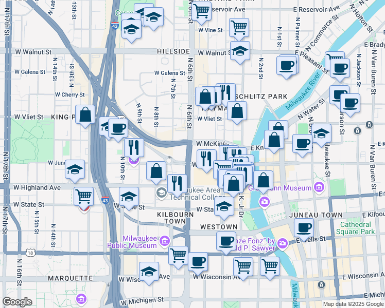 map of restaurants, bars, coffee shops, grocery stores, and more near 519 West McKinley Avenue in Milwaukee