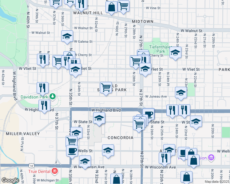 map of restaurants, bars, coffee shops, grocery stores, and more near 2929 West Mc Kinley Boulevard in Milwaukee