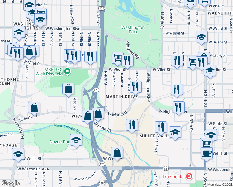map of restaurants, bars, coffee shops, grocery stores, and more near 1247 North 45th Street in Milwaukee