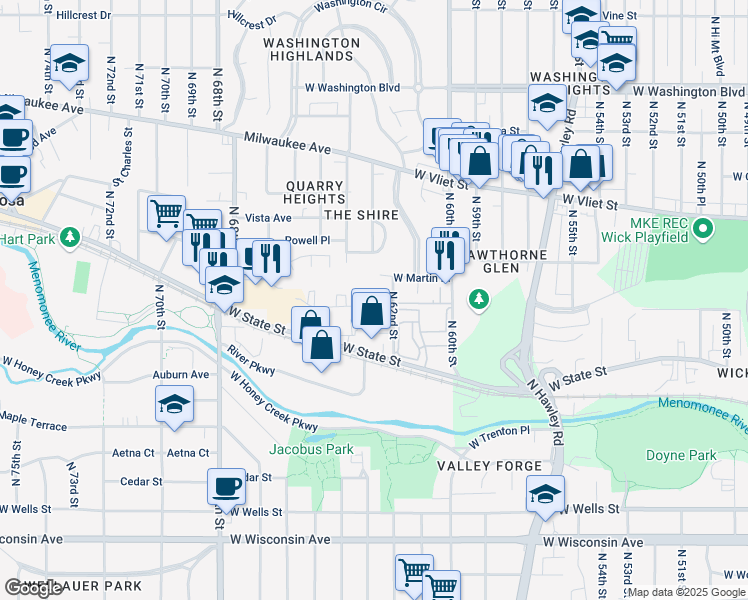 map of restaurants, bars, coffee shops, grocery stores, and more near 1219 North 62nd Street in Wauwatosa