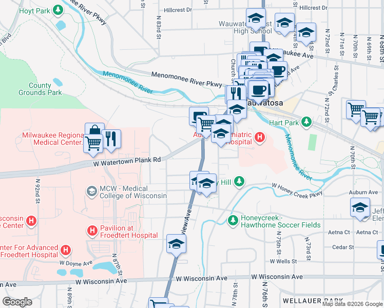 map of restaurants, bars, coffee shops, grocery stores, and more near 8030 Harwood Avenue in Wauwatosa