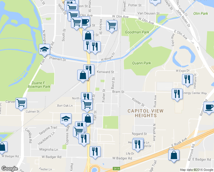 map of restaurants, bars, coffee shops, grocery stores, and more near 1826 Baird Street in Madison