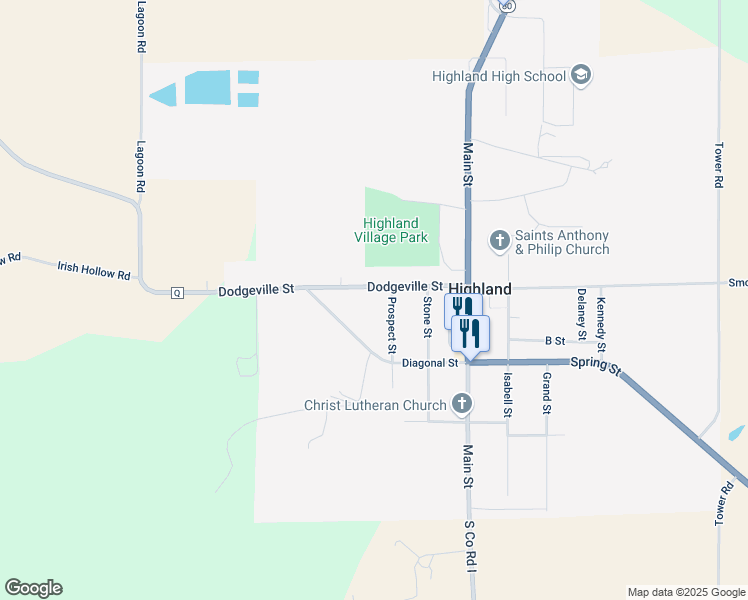 map of restaurants, bars, coffee shops, grocery stores, and more near 1104 Dodgeville Street in Highland