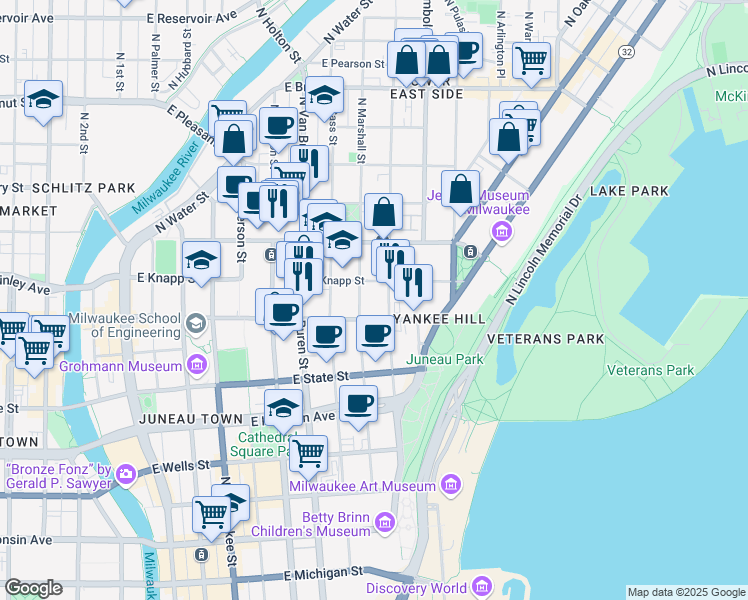 map of restaurants, bars, coffee shops, grocery stores, and more near 924 East Juneau Avenue in Milwaukee