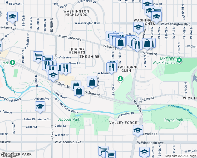 map of restaurants, bars, coffee shops, grocery stores, and more near 1200 North 62nd Street in Wauwatosa