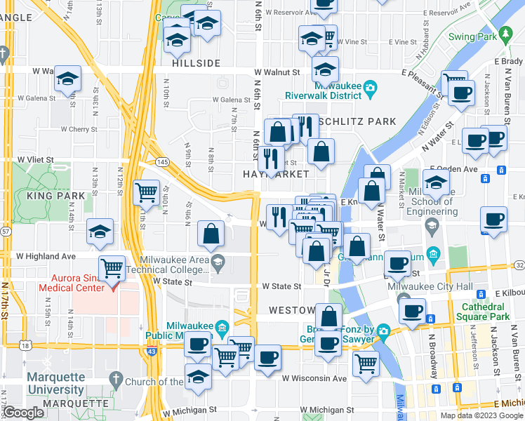 map of restaurants, bars, coffee shops, grocery stores, and more near 550 West Juneau Avenue in Milwaukee