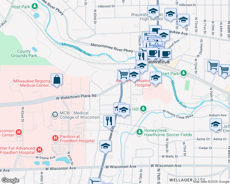 map of restaurants, bars, coffee shops, grocery stores, and more near 8030 Harwood Avenue in Wauwatosa
