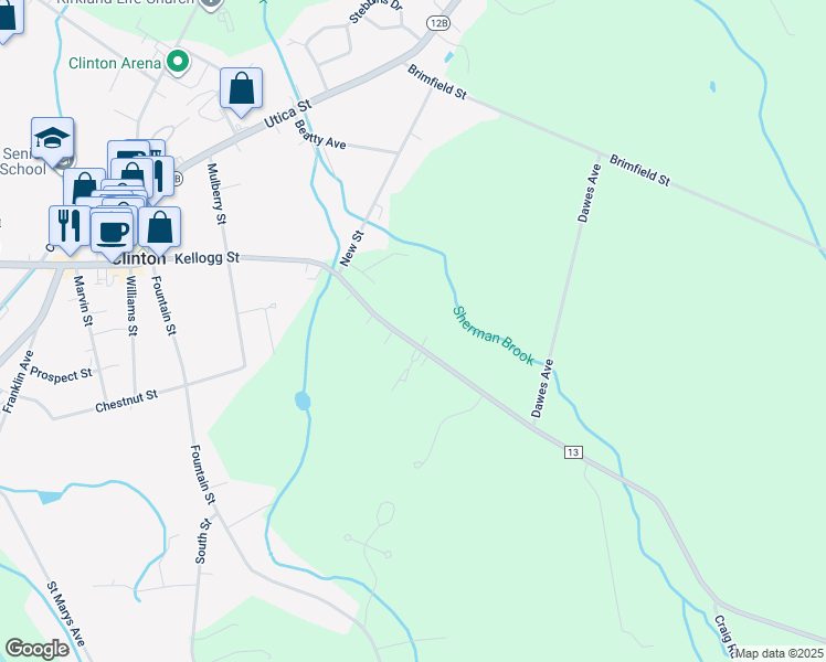 map of restaurants, bars, coffee shops, grocery stores, and more near 7861 Kellogg Street in Clinton