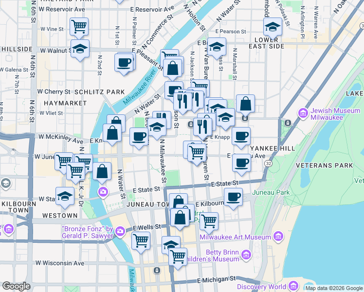 map of restaurants, bars, coffee shops, grocery stores, and more near 1229 North Jackson Street in Milwaukee
