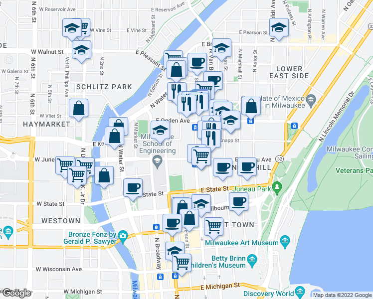 map of restaurants, bars, coffee shops, grocery stores, and more near 1319 North Jackson Street in Milwaukee