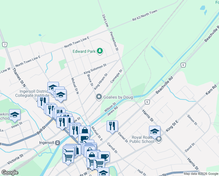 map of restaurants, bars, coffee shops, grocery stores, and more near 166 Carnegie Street in Ingersoll