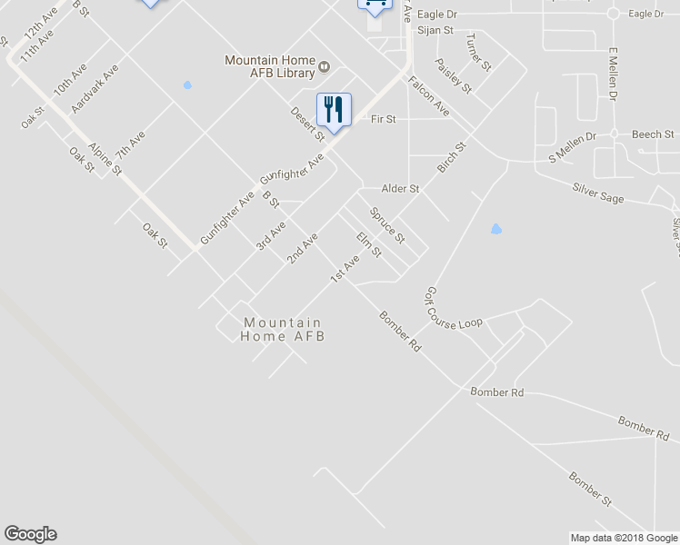 map of restaurants, bars, coffee shops, grocery stores, and more near 1st Avenue in Mountain Home Air Force Base
