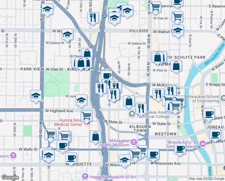 map of restaurants, bars, coffee shops, grocery stores, and more near 922 West Juneau Avenue in Milwaukee