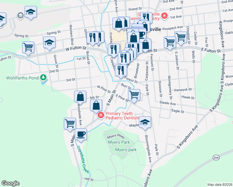map of restaurants, bars, coffee shops, grocery stores, and more near 113 South Main Street in Gloversville