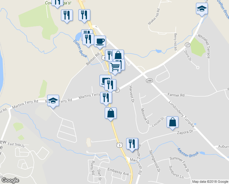 map of restaurants, bars, coffee shops, grocery stores, and more near 3 Whitehall Road in Hooksett