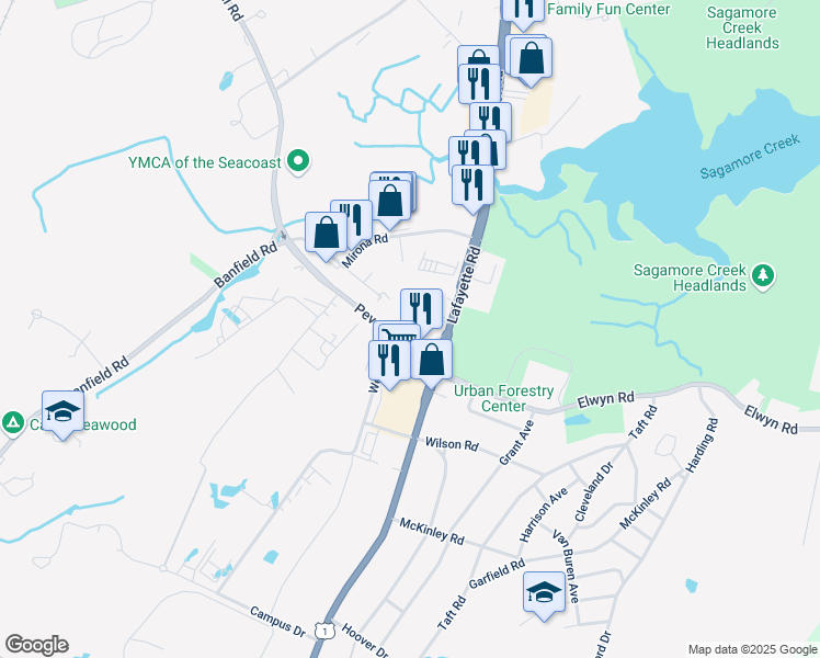 map of restaurants, bars, coffee shops, grocery stores, and more near 1190 Lafayette Road in Portsmouth
