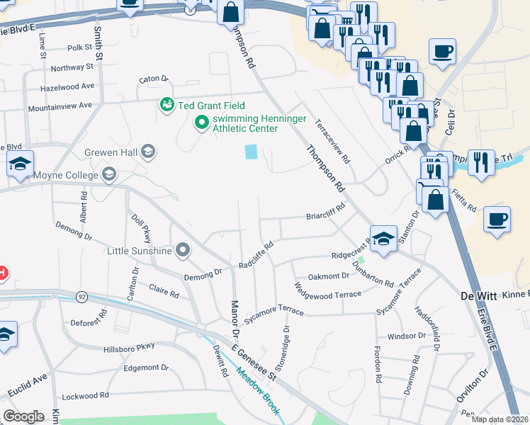 map of restaurants, bars, coffee shops, grocery stores, and more near 402 Revere Road in Syracuse