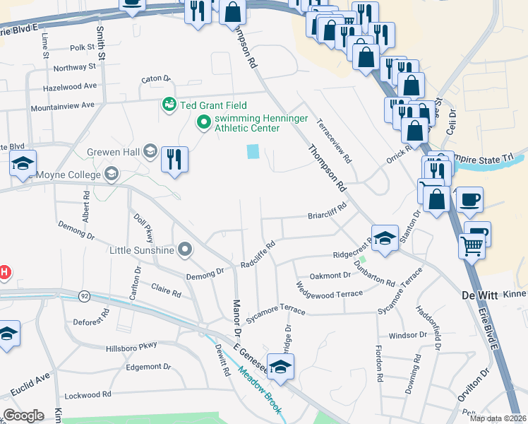 map of restaurants, bars, coffee shops, grocery stores, and more near 409 Revere Road in Syracuse