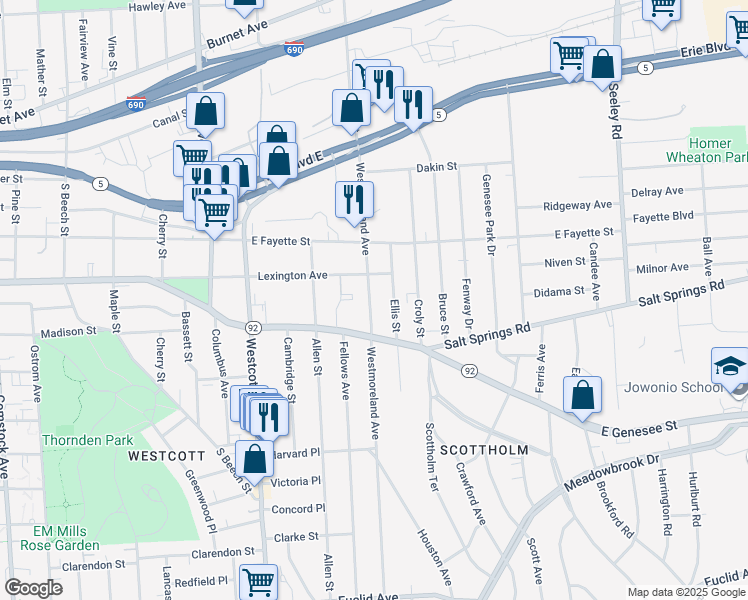 map of restaurants, bars, coffee shops, grocery stores, and more near 409 Westmoreland Avenue in Syracuse