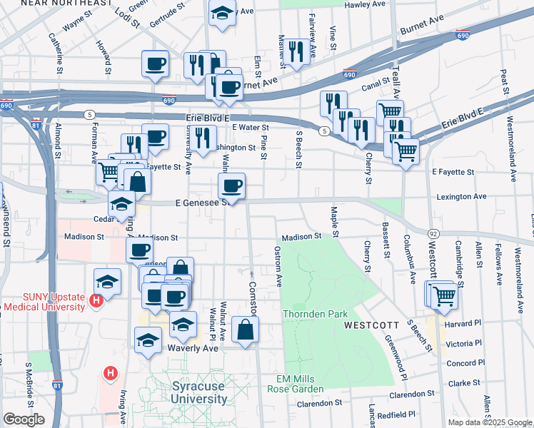 map of restaurants, bars, coffee shops, grocery stores, and more near in Syracuse