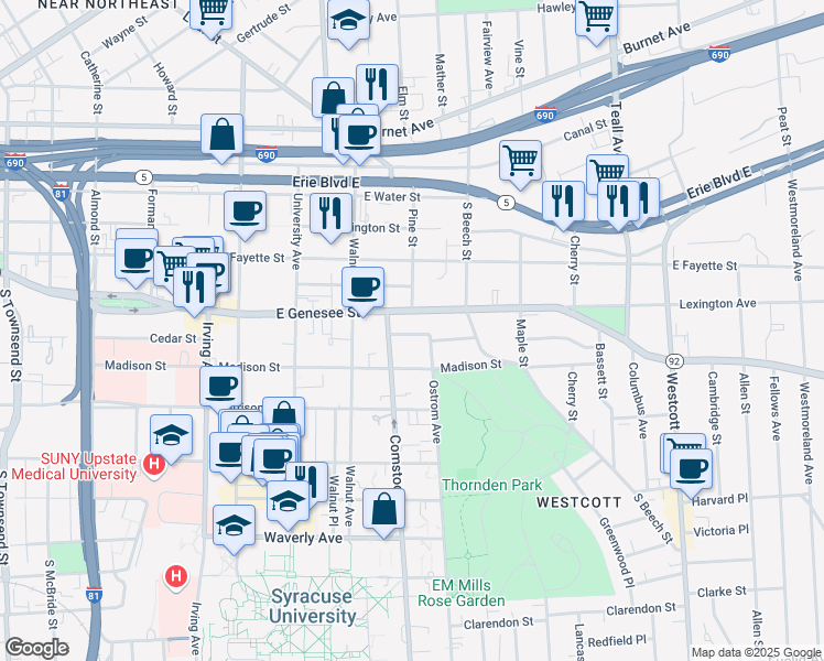 map of restaurants, bars, coffee shops, grocery stores, and more near in Syracuse