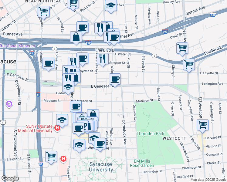 map of restaurants, bars, coffee shops, grocery stores, and more near in Syracuse