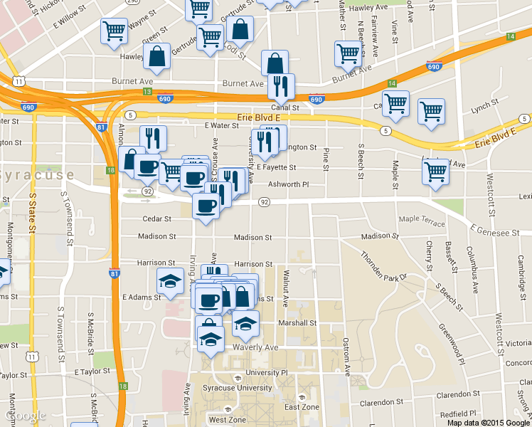 map of restaurants, bars, coffee shops, grocery stores, and more near 325 University Avenue in Syracuse
