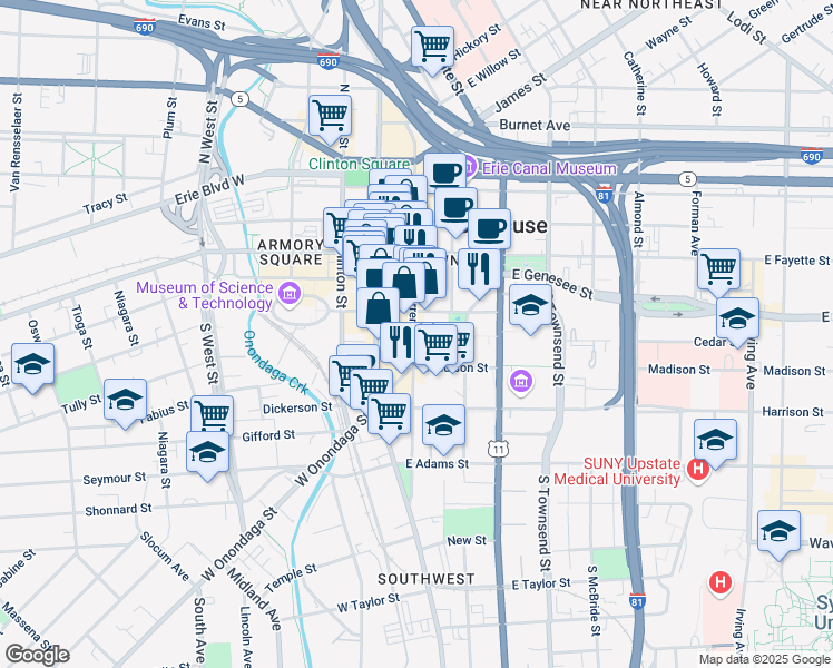 map of restaurants, bars, coffee shops, grocery stores, and more near 204 East Jefferson Street in Syracuse