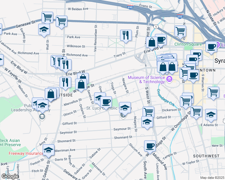 map of restaurants, bars, coffee shops, grocery stores, and more near 106 Tioga Street in Syracuse