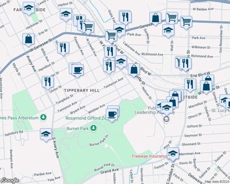 map of restaurants, bars, coffee shops, grocery stores, and more near 209 South Lowell Avenue in Syracuse