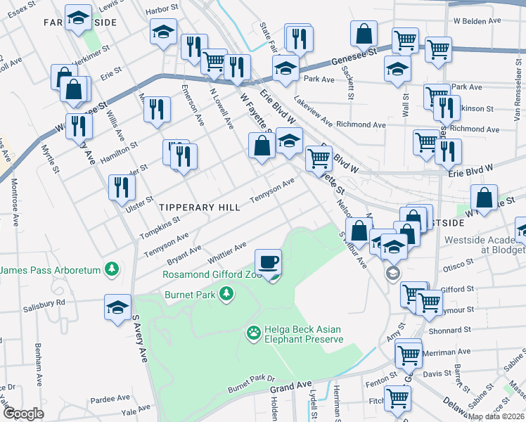 map of restaurants, bars, coffee shops, grocery stores, and more near 227 Tennyson Avenue in Syracuse