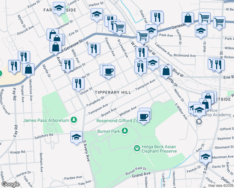 map of restaurants, bars, coffee shops, grocery stores, and more near in Syracuse