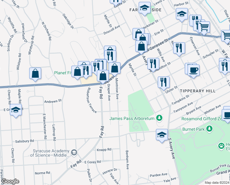 map of restaurants, bars, coffee shops, grocery stores, and more near 206 Montrose Avenue in Syracuse
